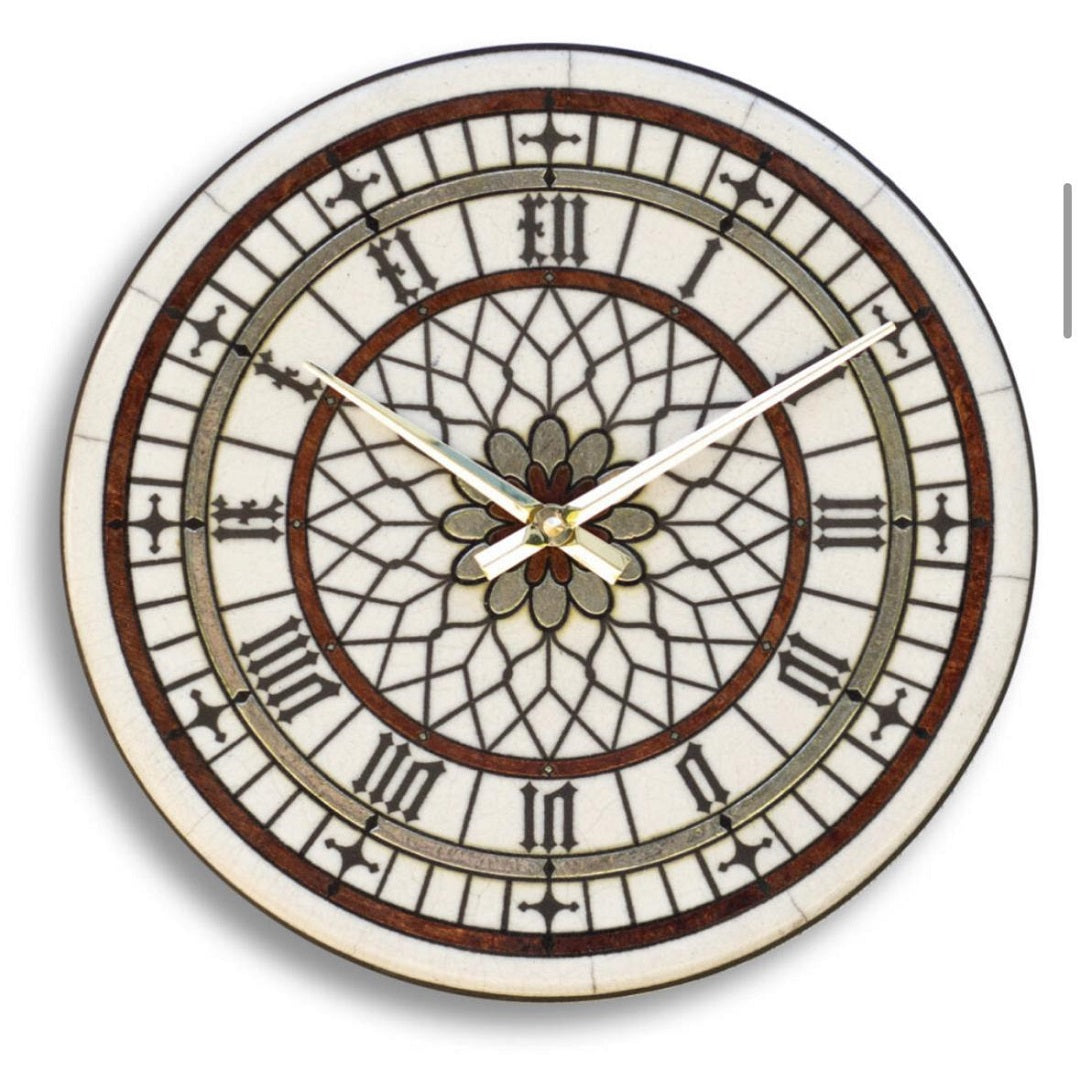 Orologio artigianale da parete in ceramica Raku design Rosone Gotico - Diametro 29 cm