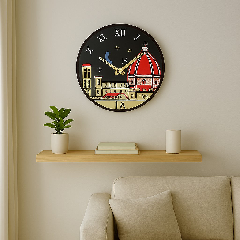 Orologio artigianale da parete in ceramica Raku design Firenze Notturna - Diametro 29 cm