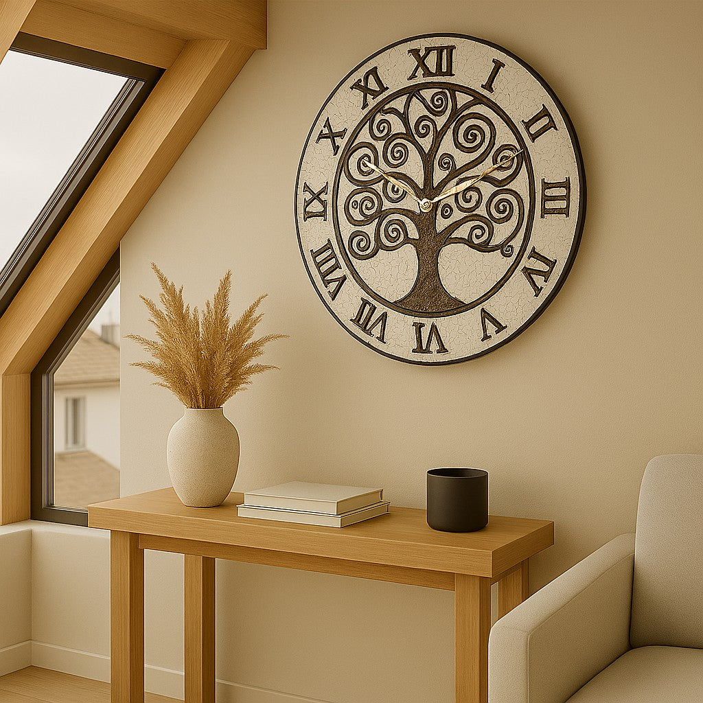 Orologio artigianale da parete in ceramica Raku design Albero delle Spirali - Diametro 35 cm