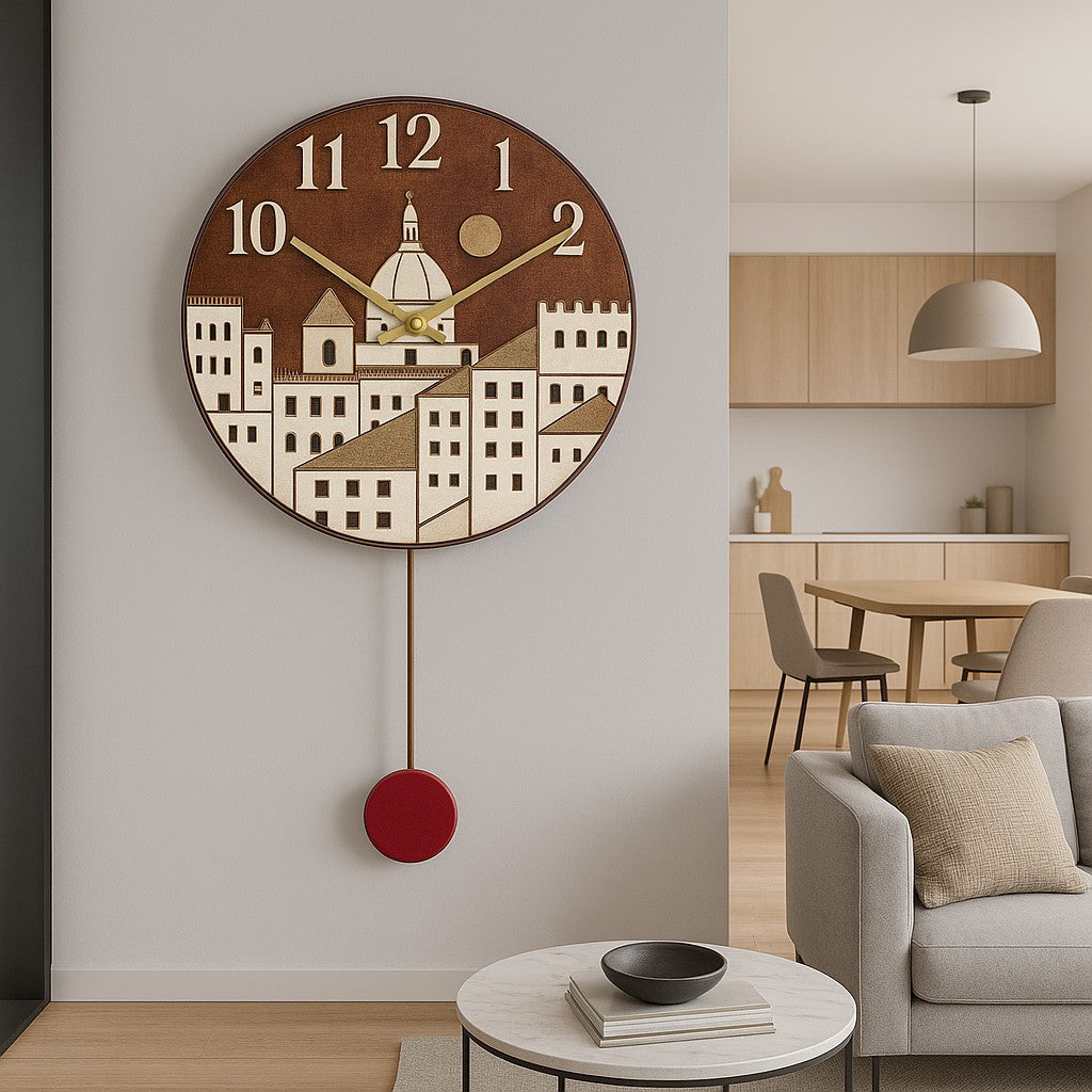 Orologio artigianale da parete in ceramica Raku design Cupole al Tramonto - Diametro 35 cm