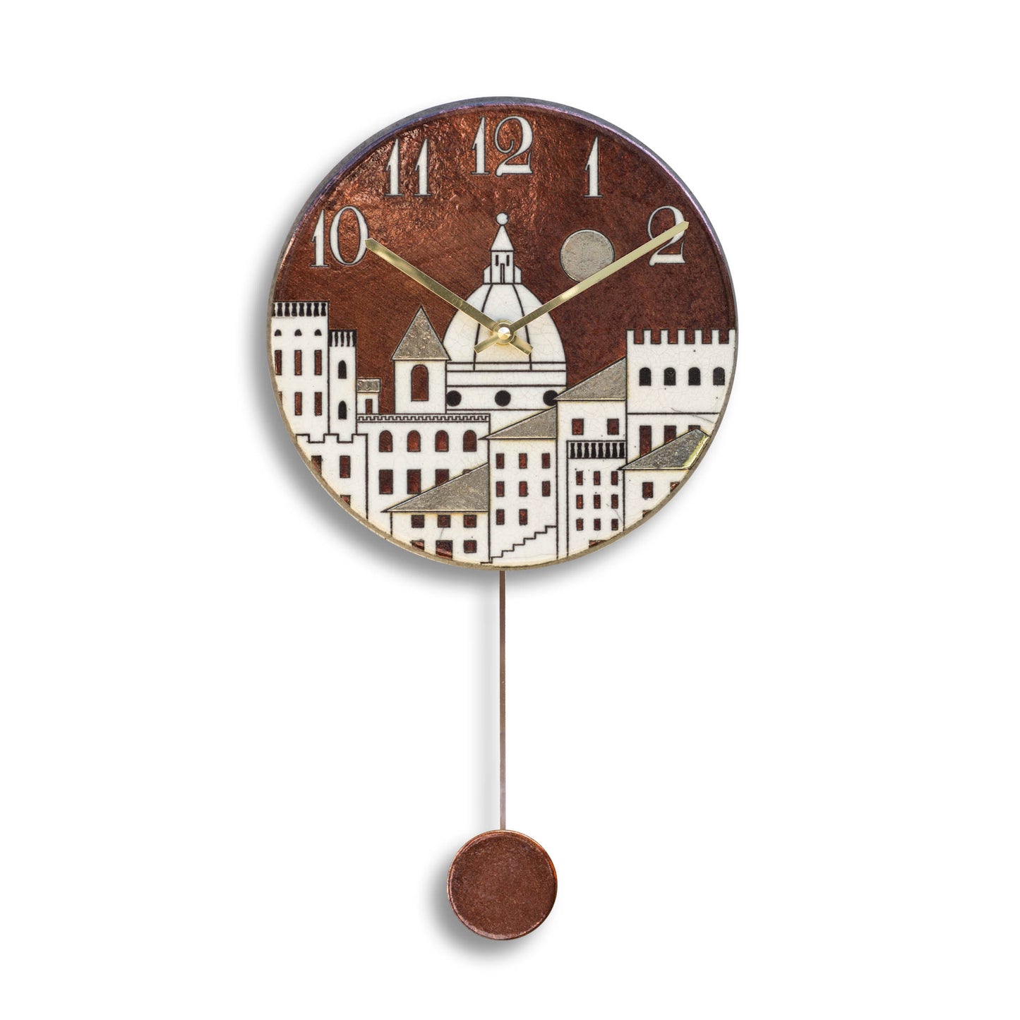Orologio artigianale da parete in ceramica Raku design Cupole al Tramonto - Diametro 35 cm