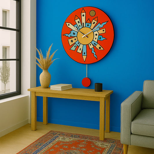 Orologio artigianale da parete in ceramica Raku design Città Radiale - Diametro 35 cm