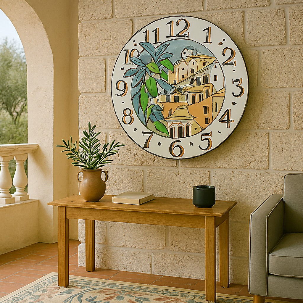 Orologio artigianale da parete in ceramica Raku design Mediterraneo in Scala - Diametro 35 cm