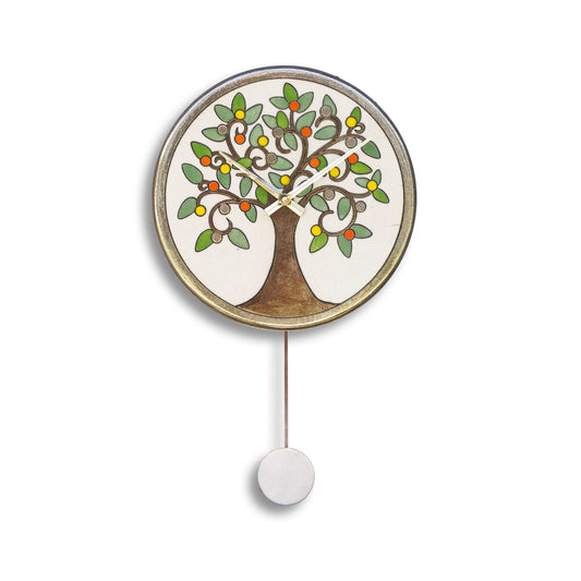 Orologio artigianale da parete in ceramica Raku design Albero Frutti multicolore - Diametro 29 cm