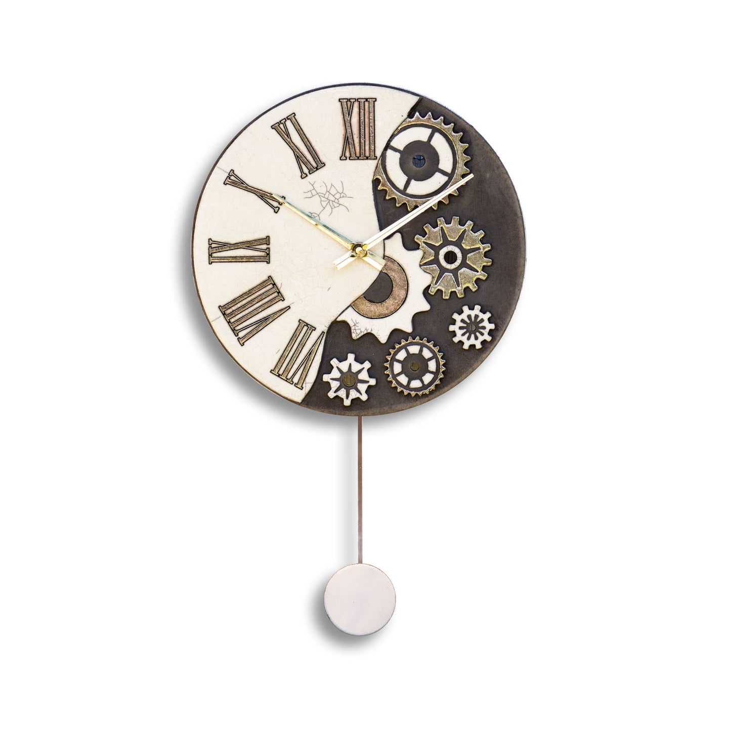 Orologio artigianale da parete in ceramica Raku design Steampunk Duality - Diametro 29 cm