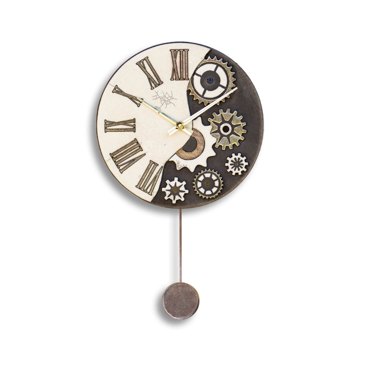 Orologio artigianale da parete in ceramica Raku design Steampunk Duality - Diametro 29 cm