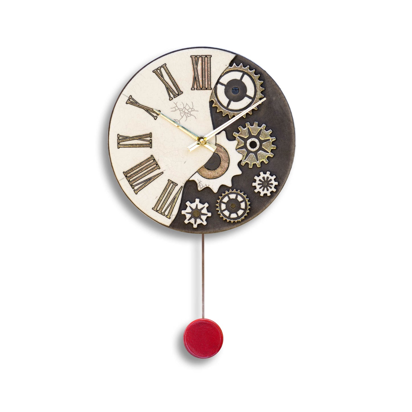 Orologio artigianale da parete in ceramica Raku design Steampunk Duality - Diametro 29 cm