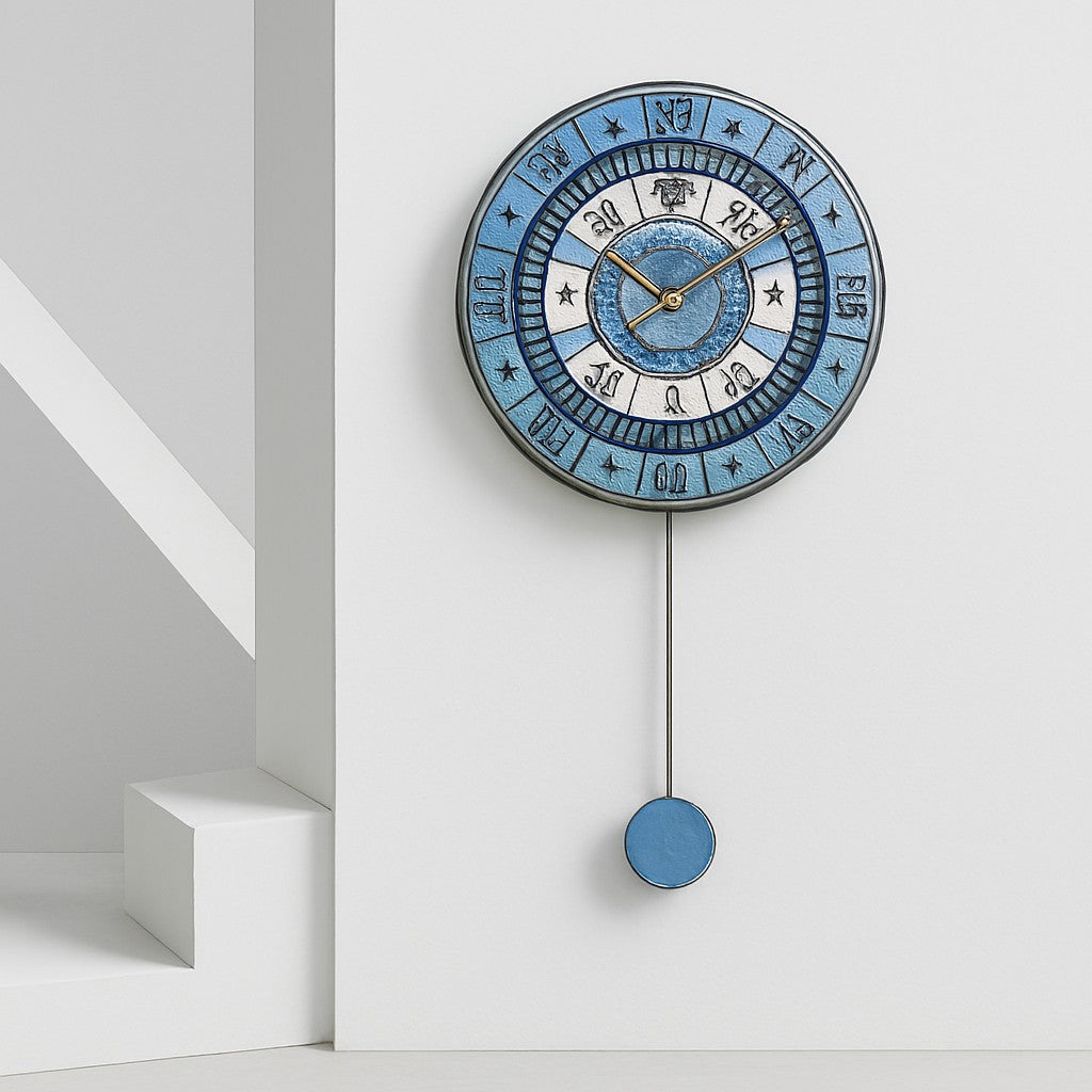 Orologio artigianale da parete in ceramica Raku design Zodiaco Celeste - Diametro 35 cm