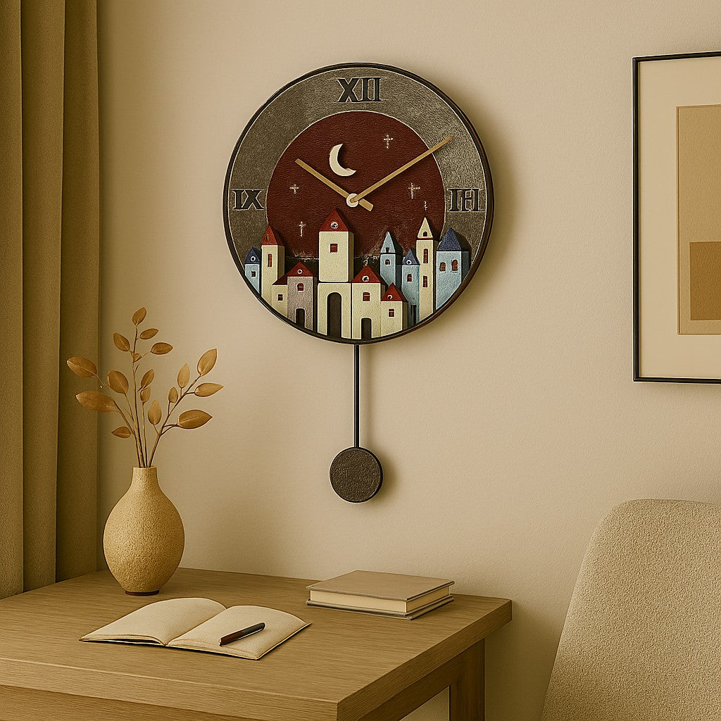Orologio artigianale da parete in ceramica Raku design Notte nel Borgo - Diametro 29 cm