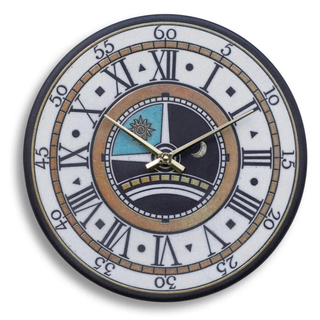 Orologio artigianale da parete in ceramica Raku design Sole & Luna - Diametro 35 cm