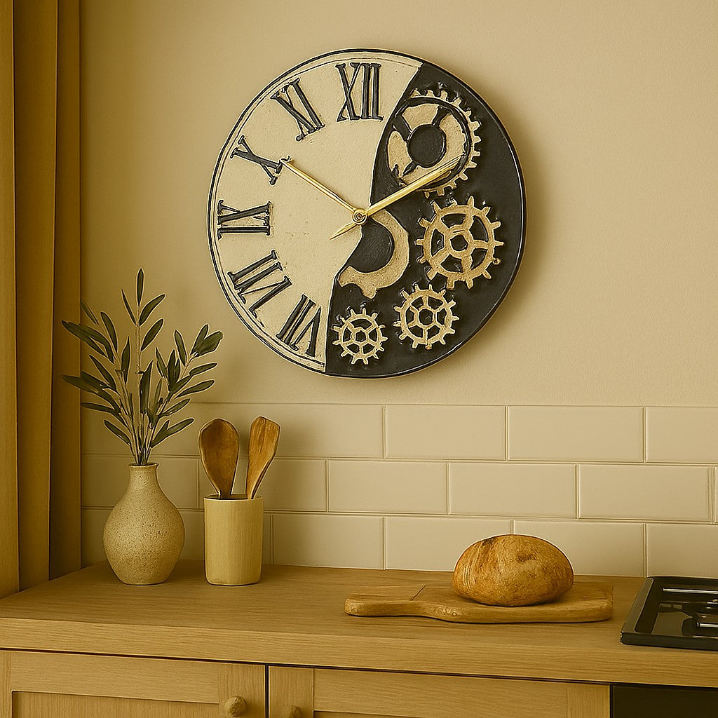 Orologio artigianale da parete in ceramica Raku design Steampunk Duality - Diametro 29 cm