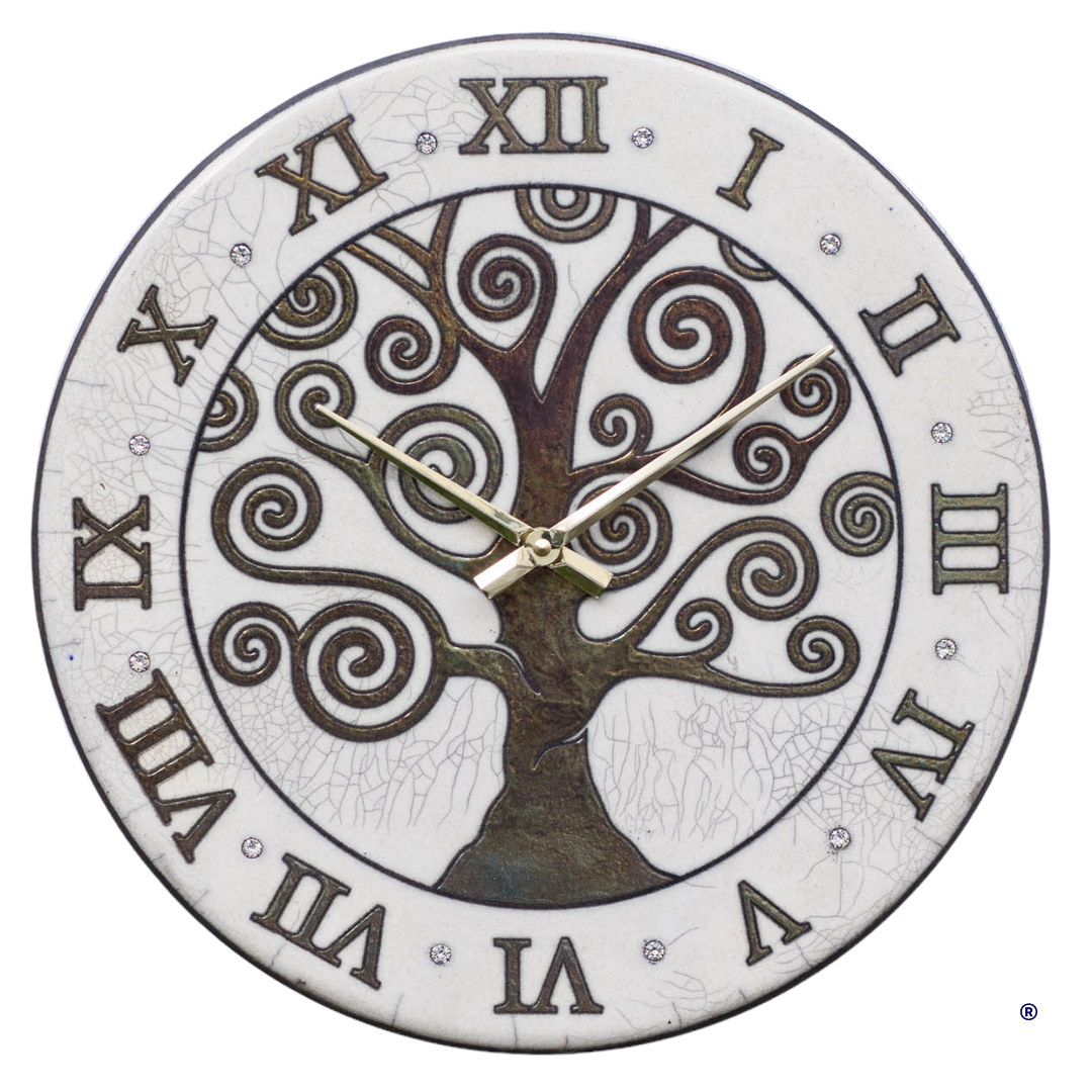 Orologio artigianale da parete in ceramica Raku design Albero delle Spirali - Diametro 35 cm