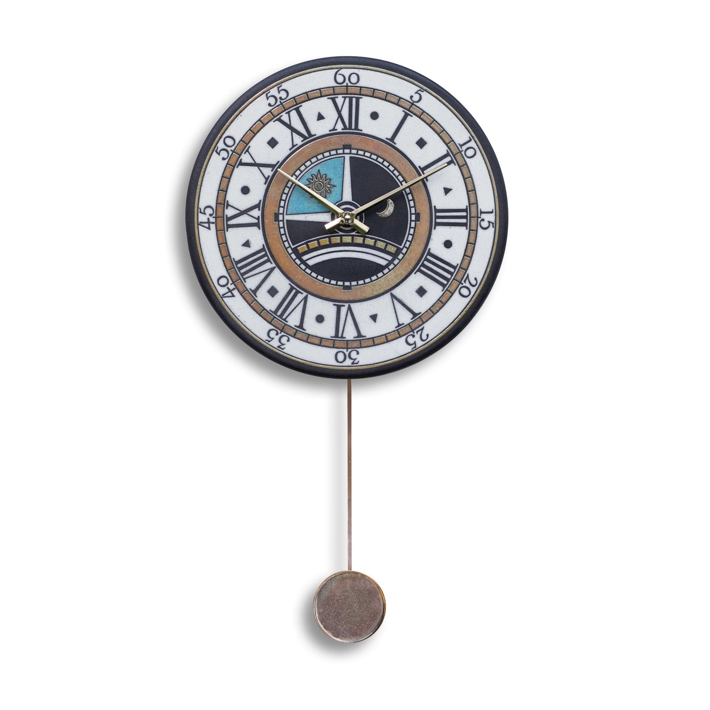Orologio artigianale da parete in ceramica Raku design Sole & Luna - Diametro 35 cm