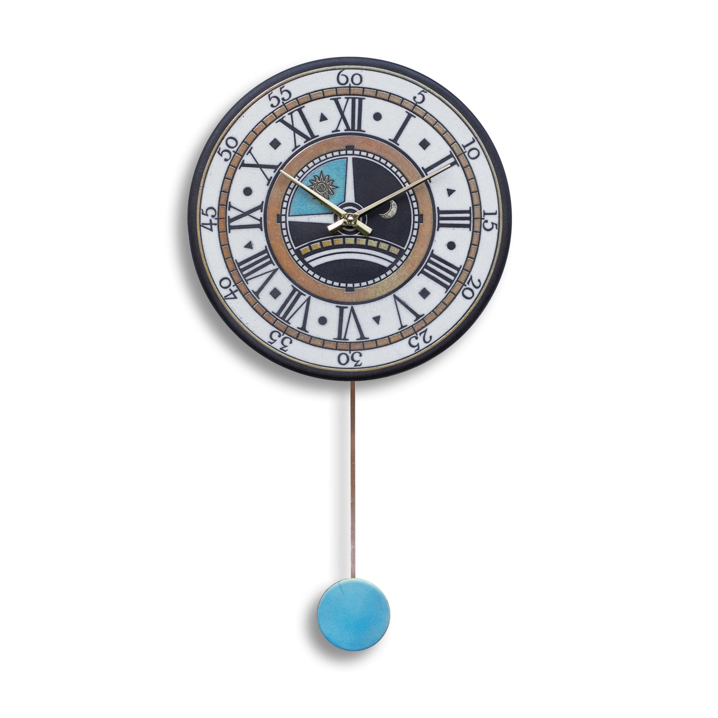 Orologio artigianale da parete in ceramica Raku design Sole & Luna - Diametro 35 cm