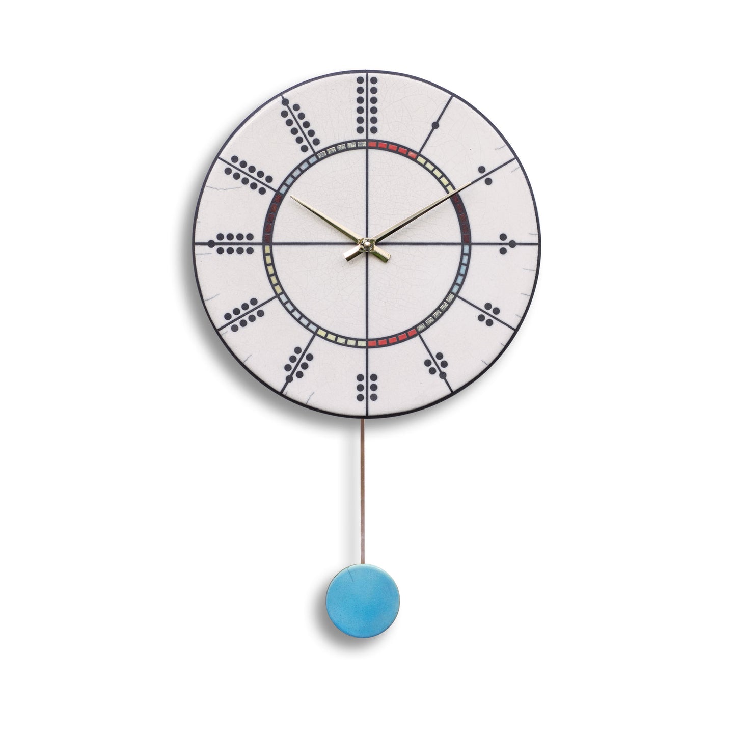 Orologio artigianale da parete in ceramica Raku design Domino Cromatico - Diametro 29 cm