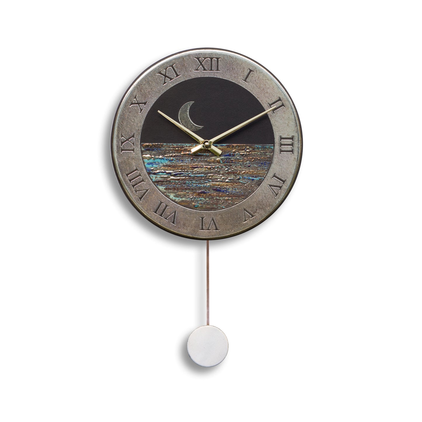 Orologio artigianale da parete in ceramica Raku design Luna e Orizzonte - Diametro 29 cm