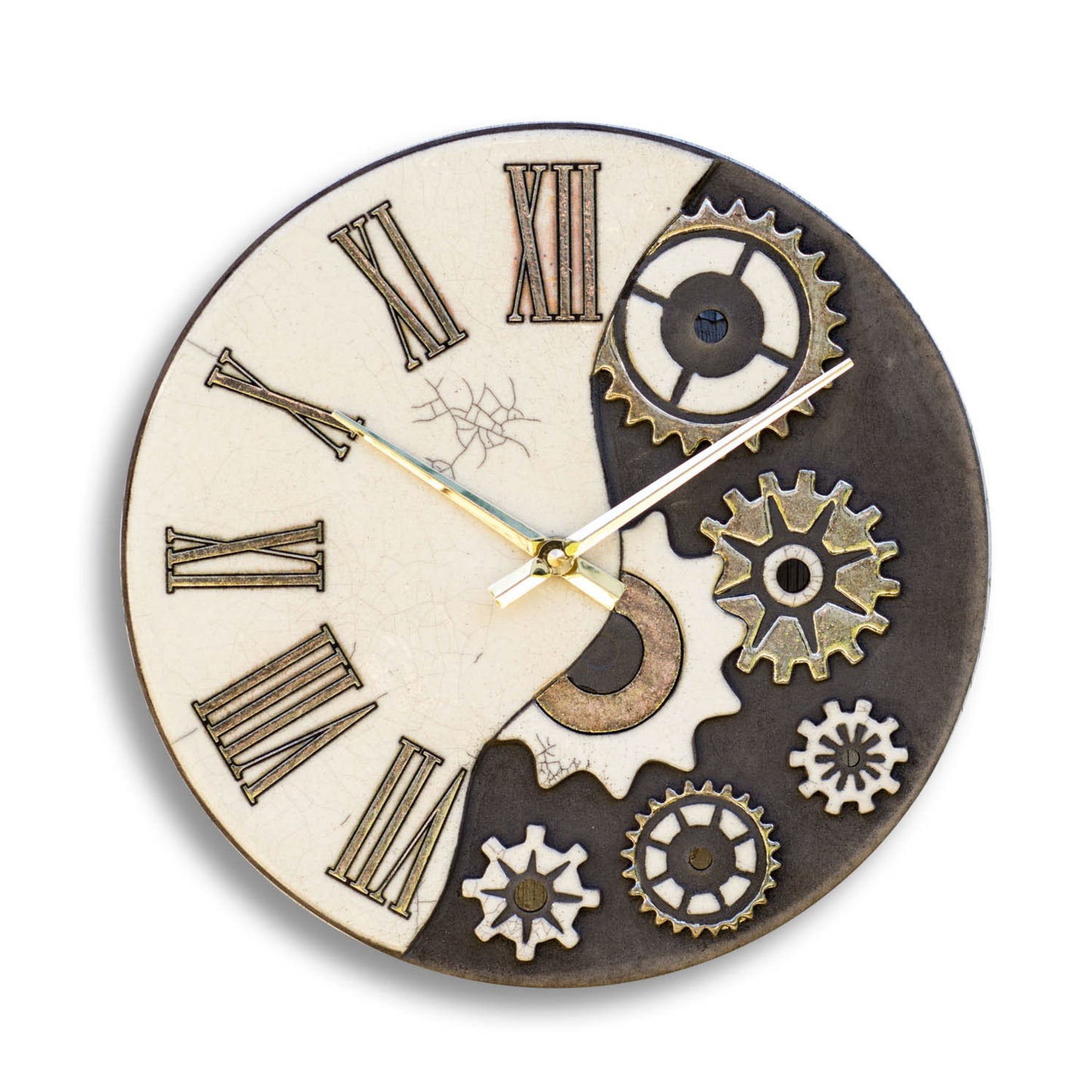 Orologio artigianale da parete in ceramica Raku design Steampunk Duality - Diametro 29 cm