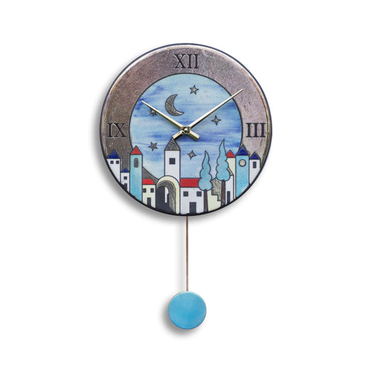 Orologio artigianale da parete in ceramica Raku design Città Sognante - Diametro 29 cm