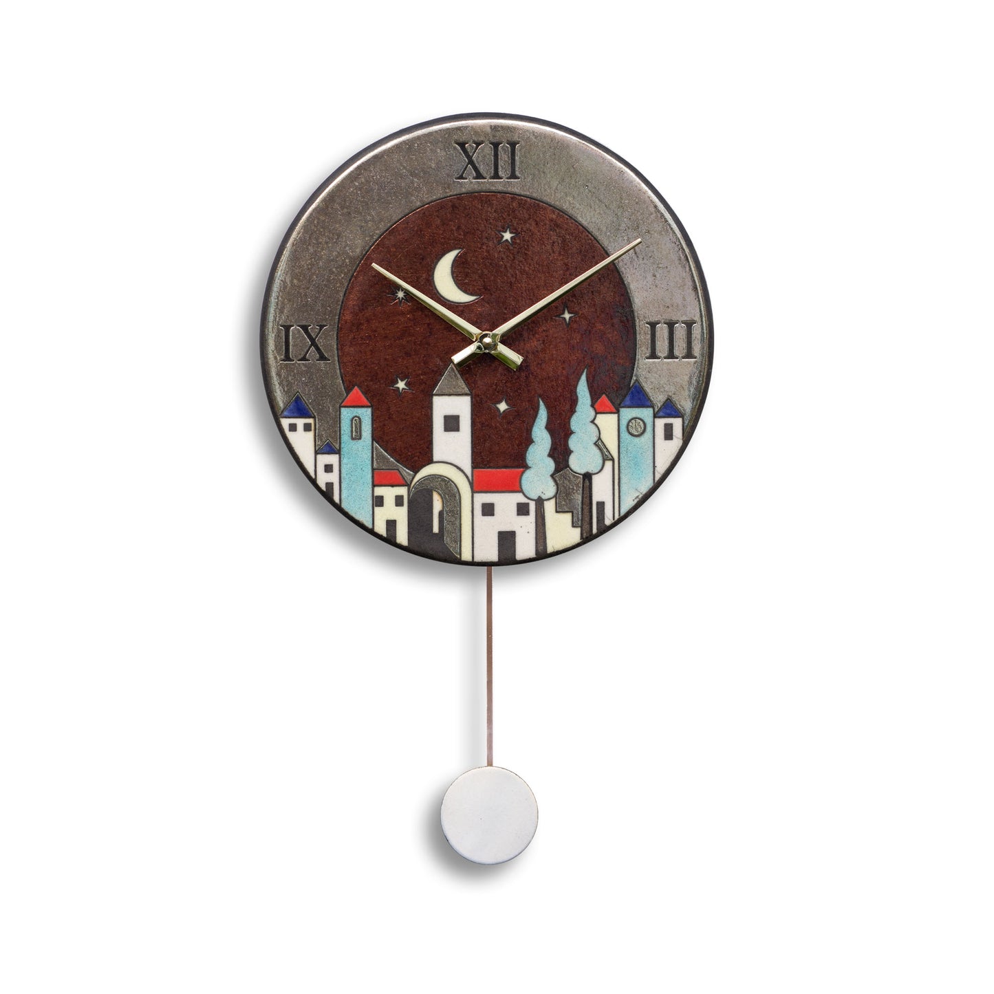 Orologio artigianale da parete in ceramica Raku design Notte nel Borgo - Diametro 29 cm