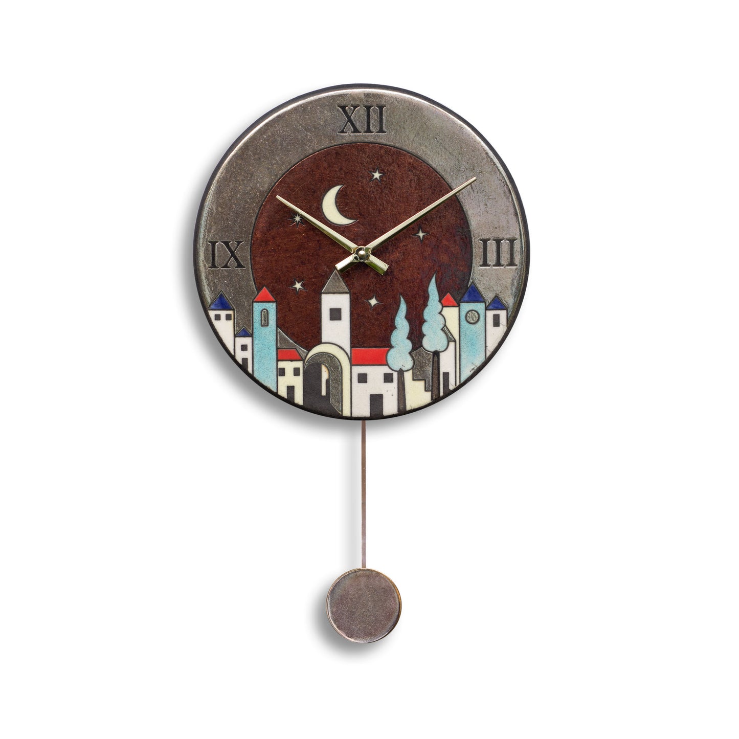 Orologio artigianale da parete in ceramica Raku design Notte nel Borgo - Diametro 29 cm
