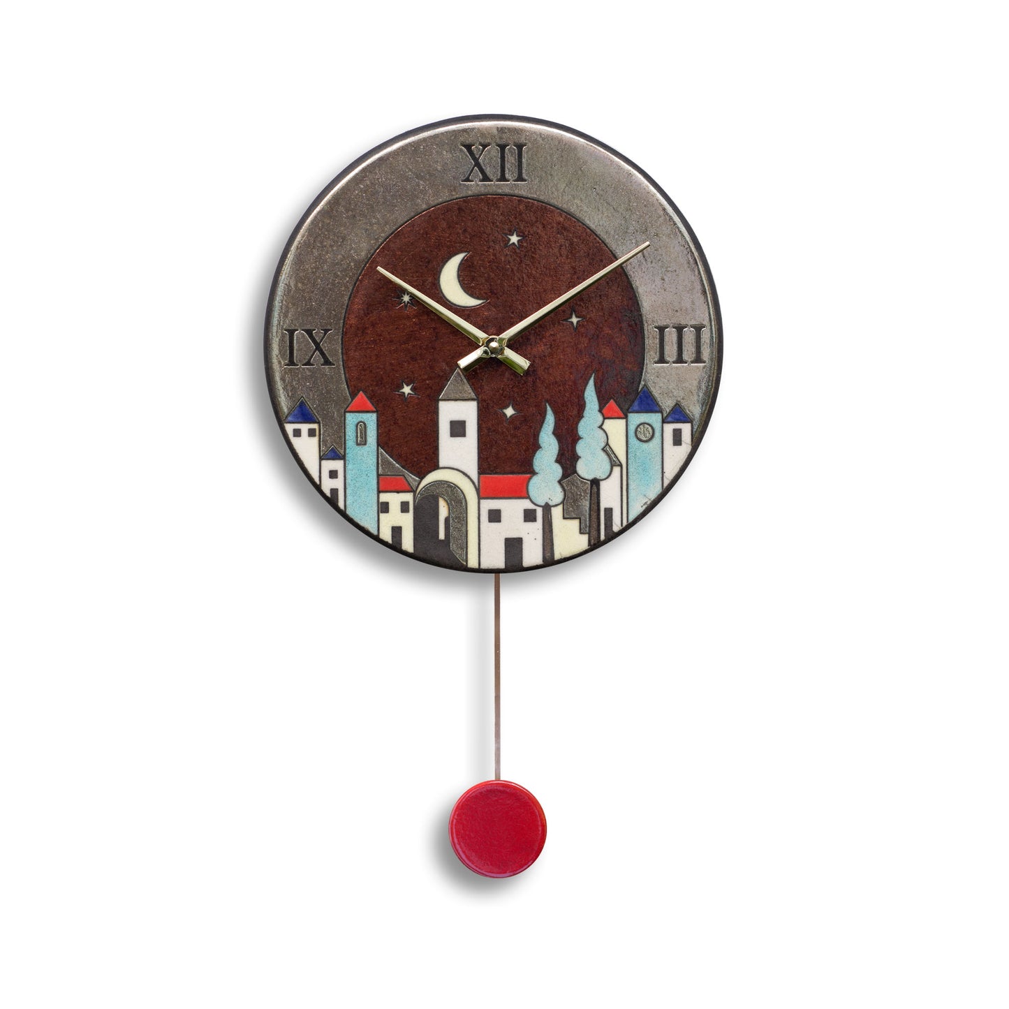 Orologio artigianale da parete in ceramica Raku design Notte nel Borgo - Diametro 29 cm