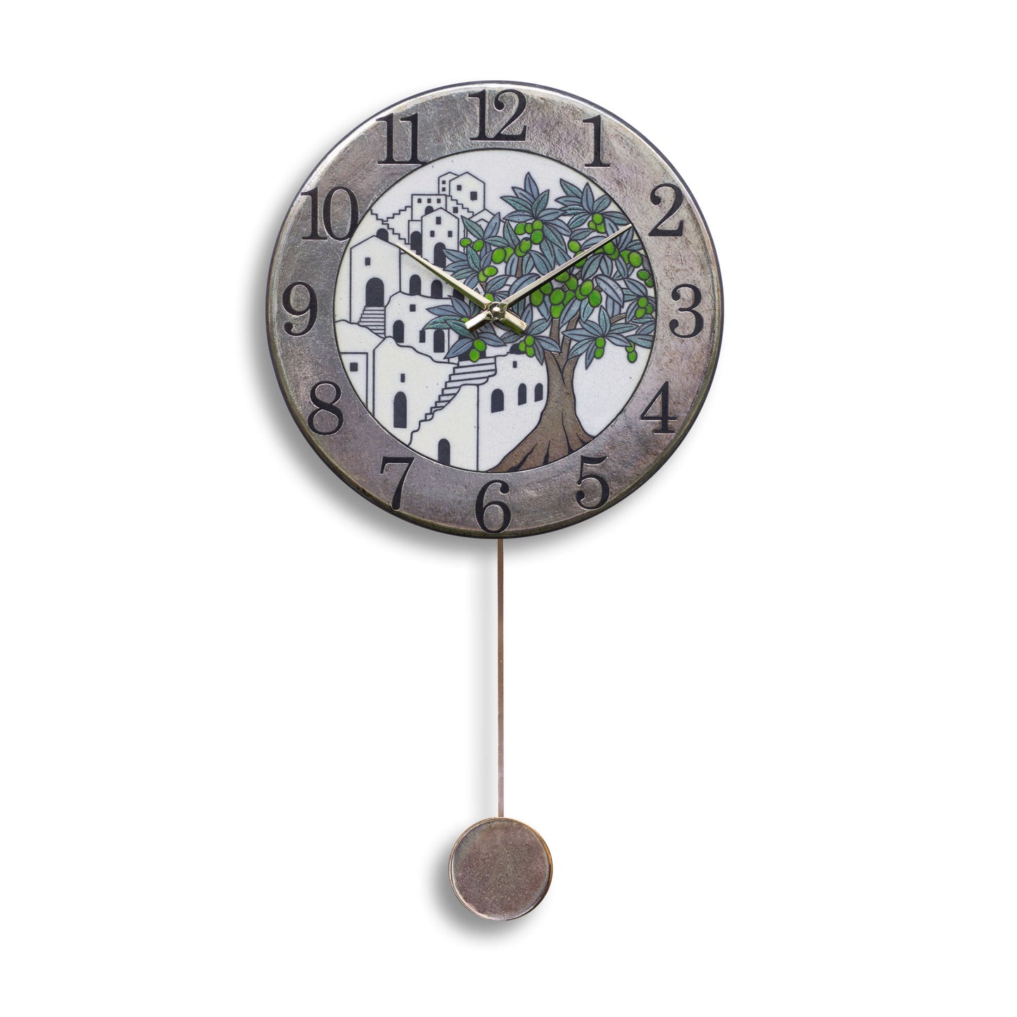 Orologio artigianale da parete in ceramica Raku design Mediterraneo d’Ulivo - Diametro 35 cm