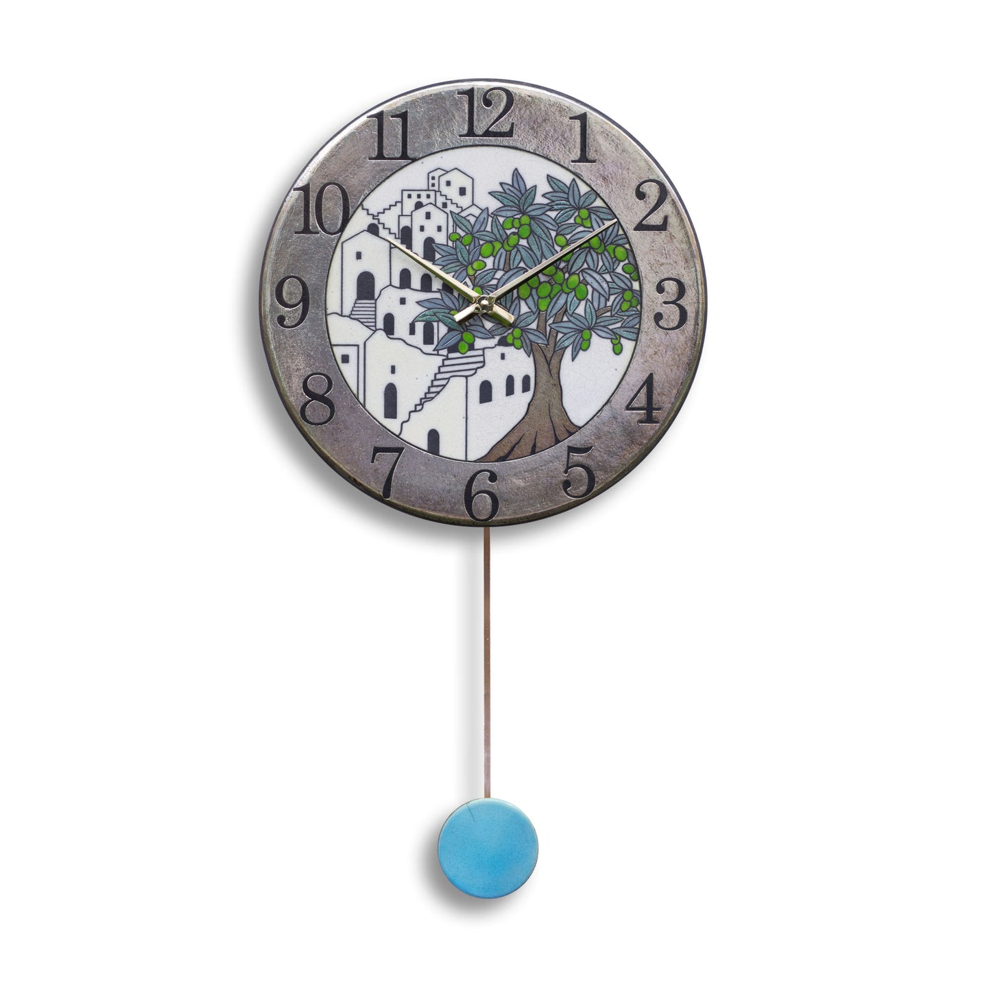 Orologio artigianale da parete in ceramica Raku design Mediterraneo d’Ulivo - Diametro 35 cm
