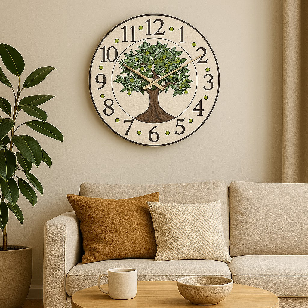 Orologio artigianale da parete in ceramica Raku design Albero Ulivo - Diametro 29 cm