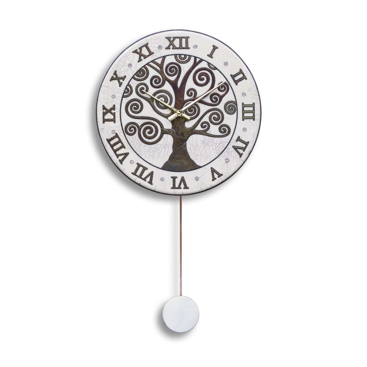 Orologio artigianale da parete in ceramica Raku design Albero delle Spirali - Diametro 35 cm