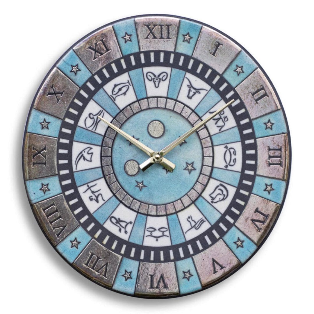 Orologio artigianale da parete in ceramica Raku design Zodiaco Celeste - Diametro 35 cm