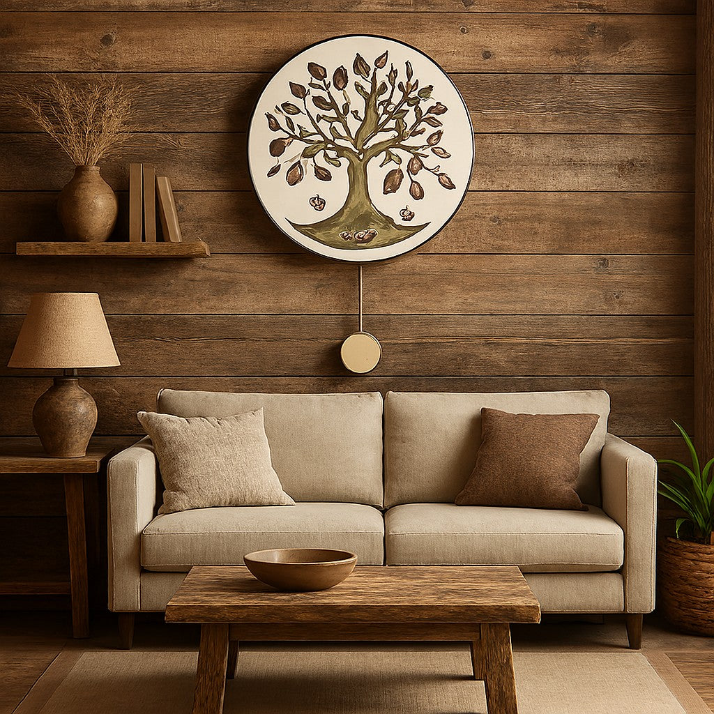 Orologio artigianale da parete in ceramica Raku design Albero della Vita - Diametro 29 cm