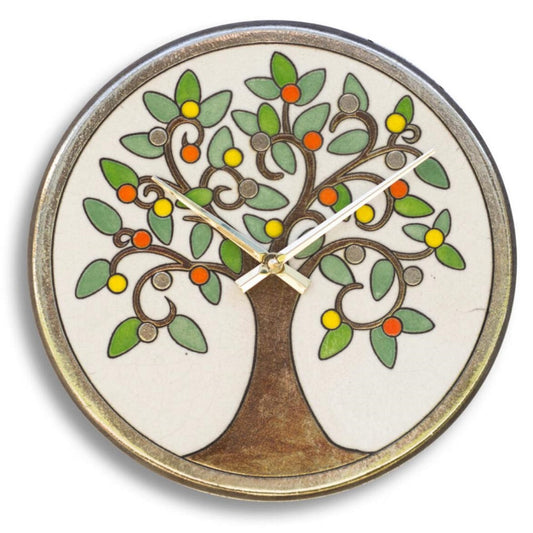 Orologio artigianale da parete in ceramica Raku design Albero Frutti multicolore - Diametro 29 cm