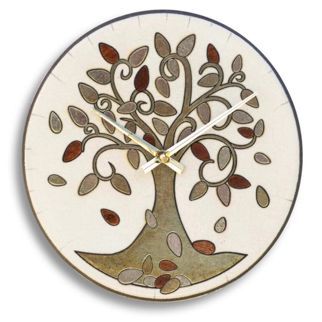 Orologio artigianale da parete in ceramica Raku design Albero della Vita - Diametro 29 cm