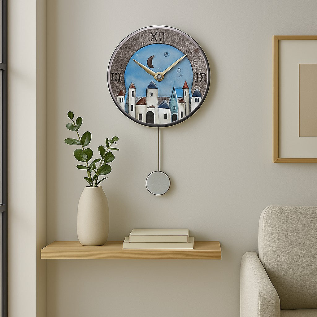 Orologio artigianale da parete in ceramica Raku design Città Sognante - Diametro 29 cm