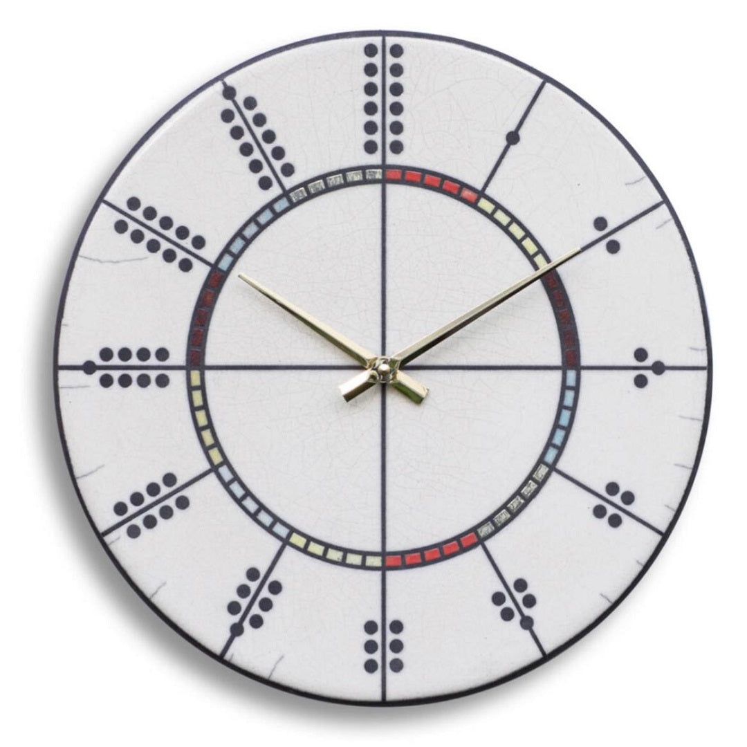 Orologio artigianale da parete in ceramica Raku design Domino Cromatico - Diametro 29 cm