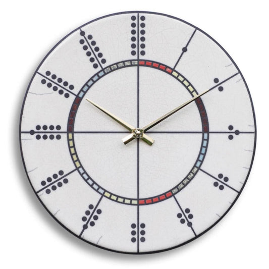 Orologio artigianale da parete in ceramica Raku design Domino Cromatico - Diametro 29 cm