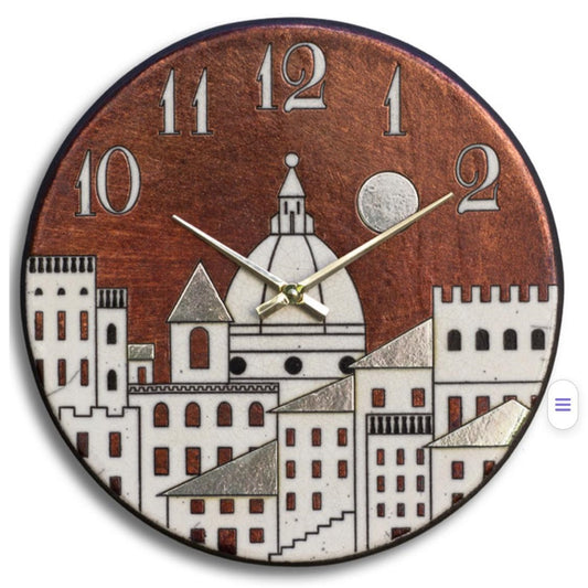 Orologio artigianale da parete in ceramica Raku design Cupole al Tramonto - Diametro 35 cm