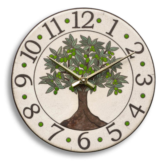 Orologio artigianale da parete in ceramica Raku design Albero Ulivo - Diametro 29 cm