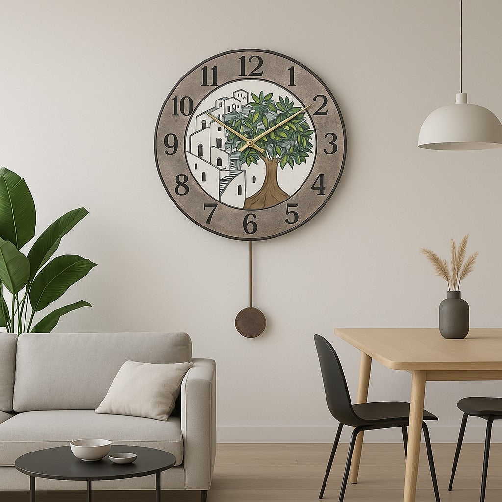 Orologio artigianale da parete in ceramica Raku design Mediterraneo d’Ulivo - Diametro 35 cm