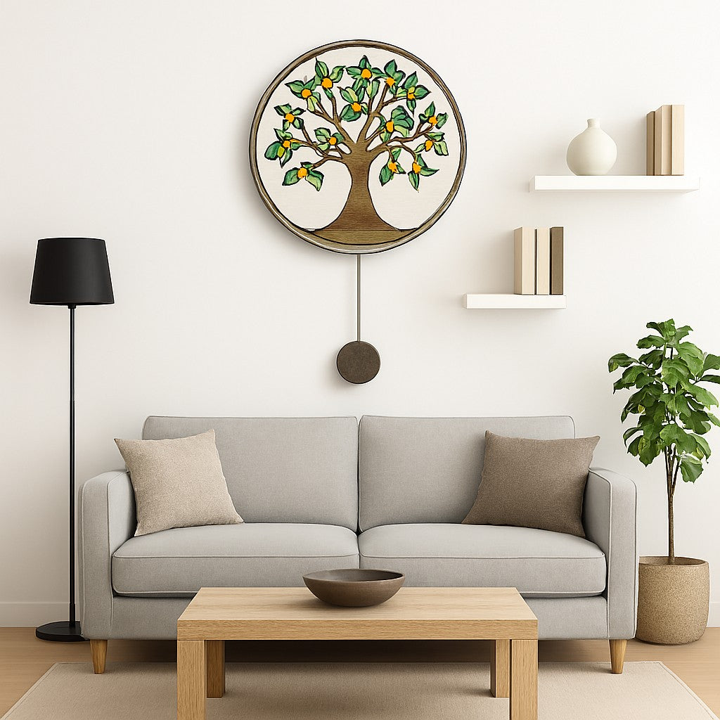 Orologio artigianale da parete in ceramica Raku design Albero Frutti multicolore - Diametro 29 cm