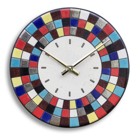 Orologio artigianale da parete in ceramica Raku design Mosaico Cromatico - Diametro 29 cm