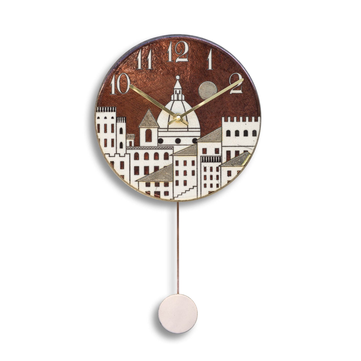 Orologio artigianale da parete in ceramica Raku design Cupole al Tramonto - Diametro 35 cm