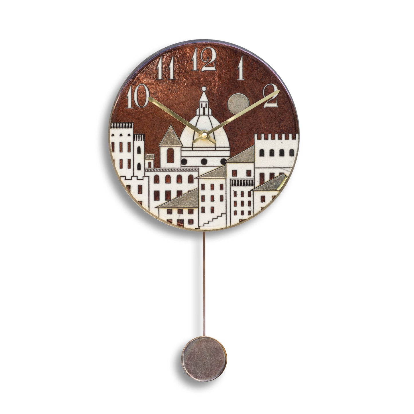 Orologio artigianale da parete in ceramica Raku design Cupole al Tramonto - Diametro 35 cm