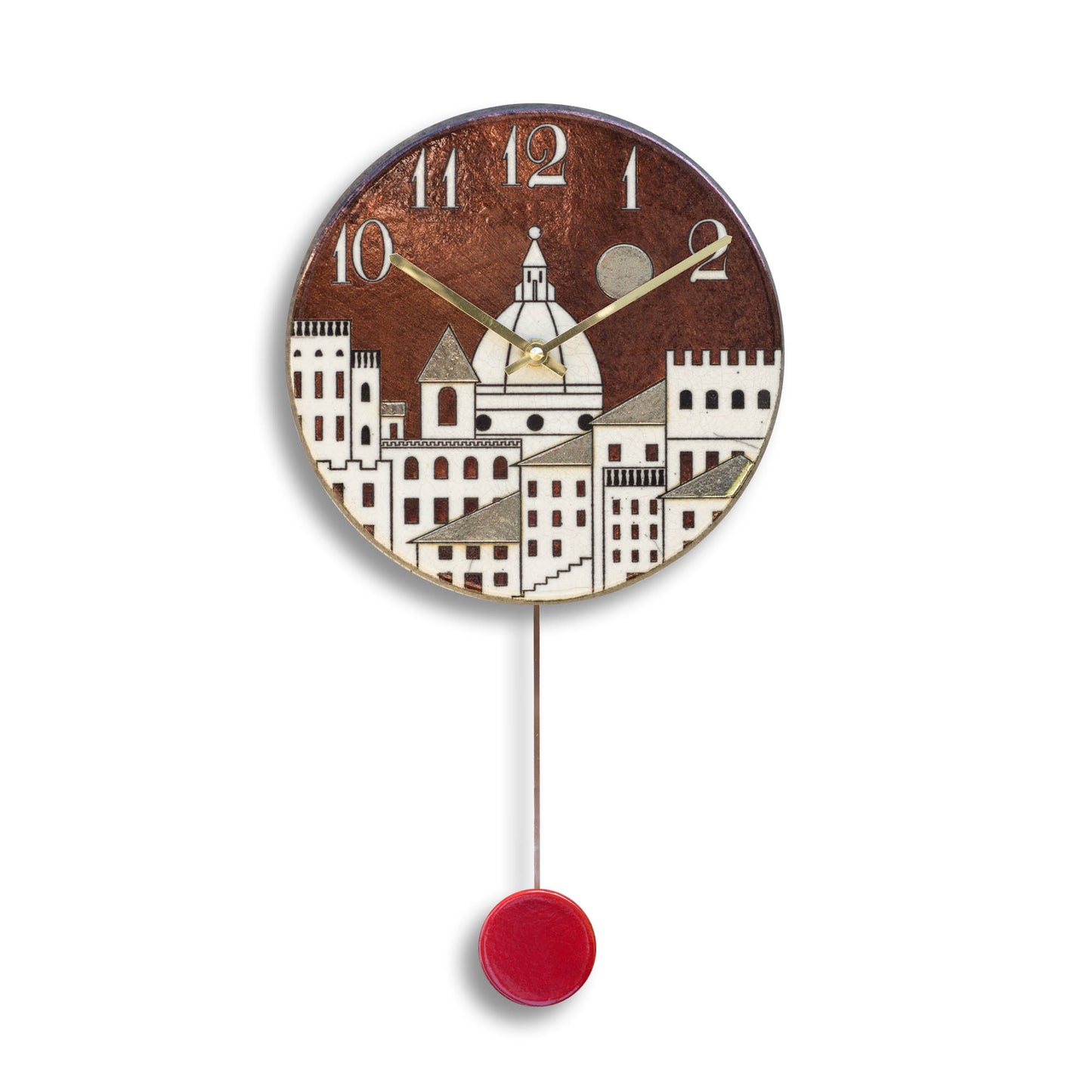 Orologio artigianale da parete in ceramica Raku design Cupole al Tramonto - Diametro 35 cm