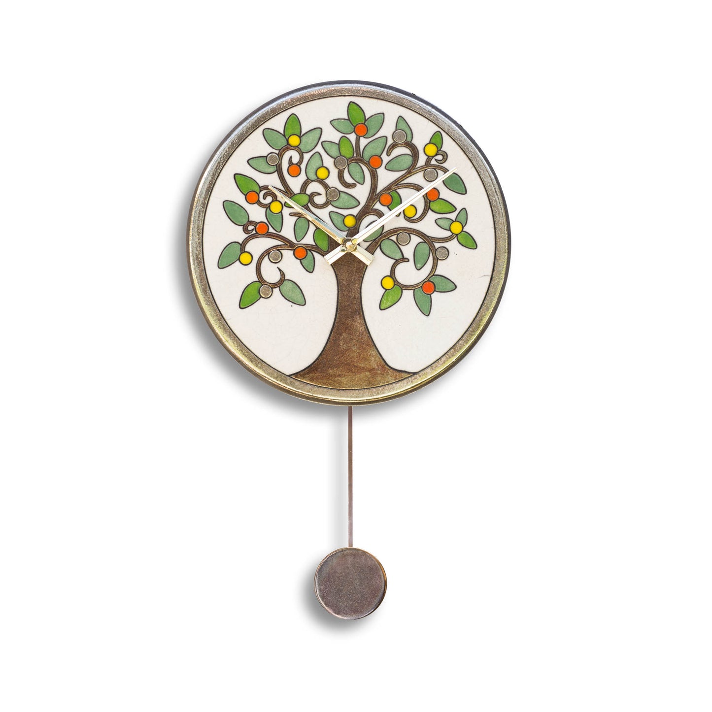 Orologio artigianale da parete in ceramica Raku design Albero Frutti multicolore - Diametro 29 cm