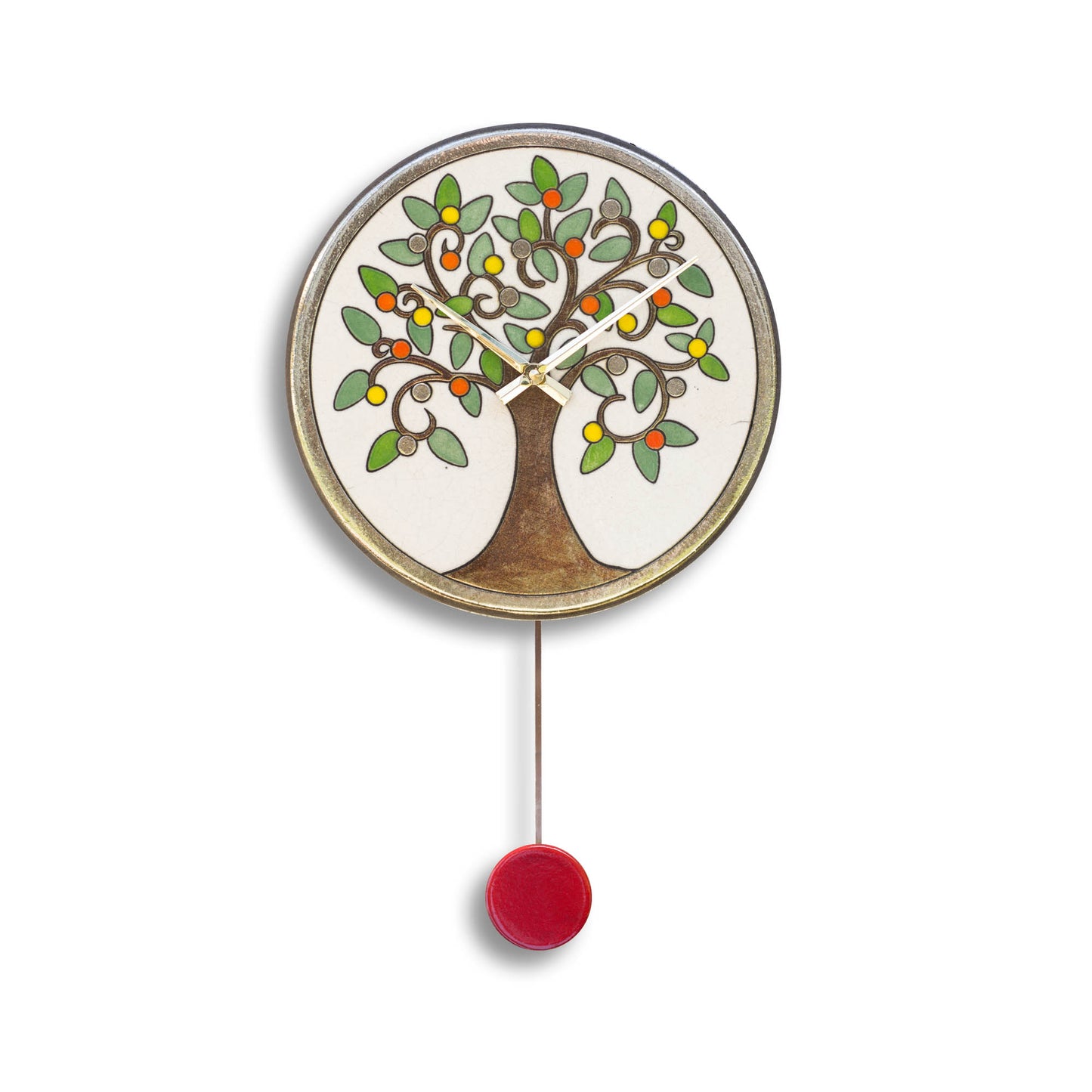 Orologio artigianale da parete in ceramica Raku design Albero Frutti multicolore - Diametro 29 cm