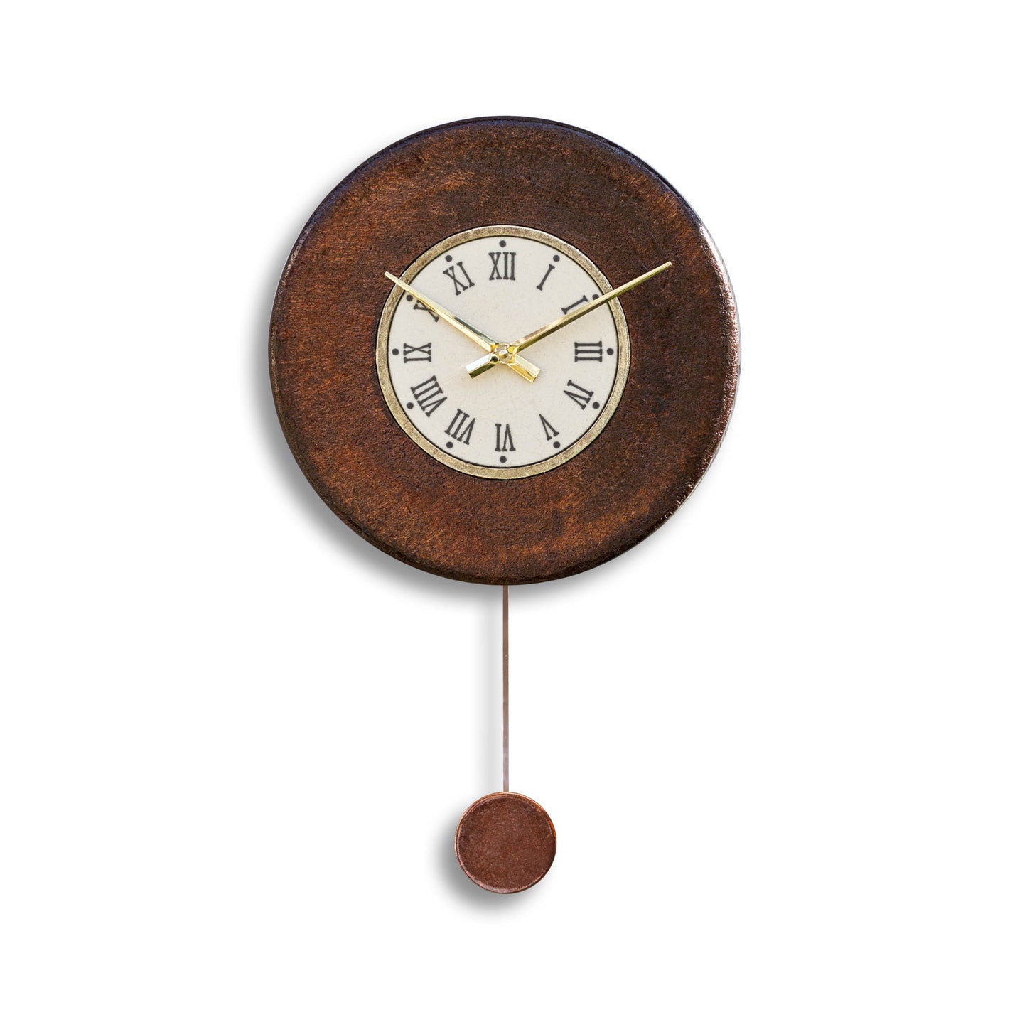 Orologio artigianale da parete in ceramica Raku design Classico Dorato con Numeri Romani - Diametro 29 cm