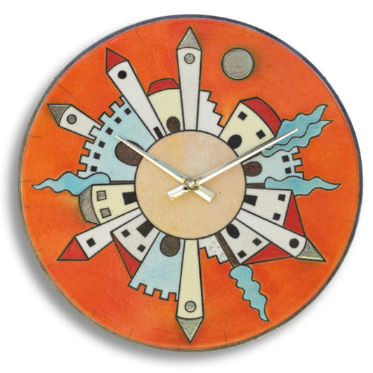 Orologio artigianale da parete in ceramica Raku design Città Radiale - Diametro 35 cm