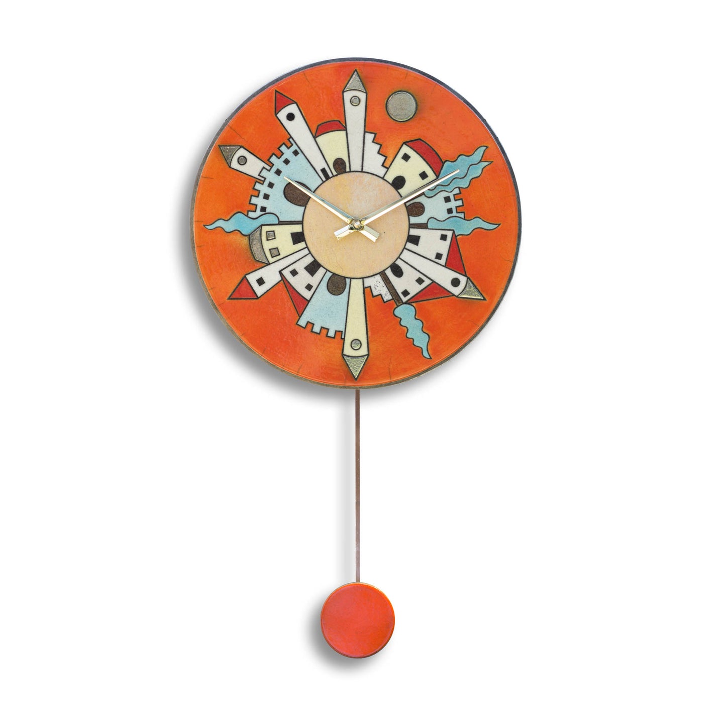 Orologio artigianale da parete in ceramica Raku design Città Radiale - Diametro 35 cm