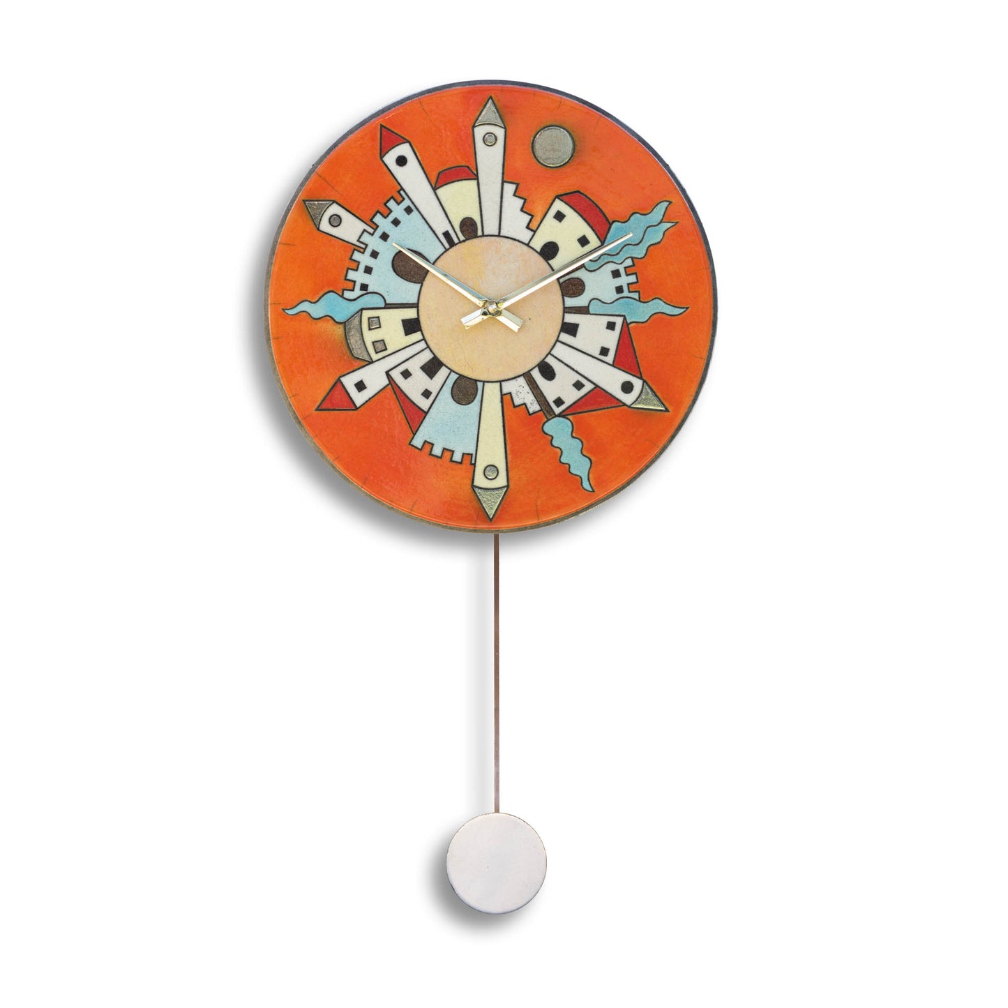 Orologio artigianale da parete in ceramica Raku design Città Radiale - Diametro 35 cm